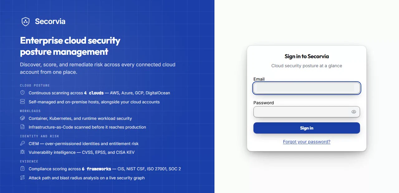 Secorvia sign-in form with Email, Password, Sign in, and Forgot your password controls.